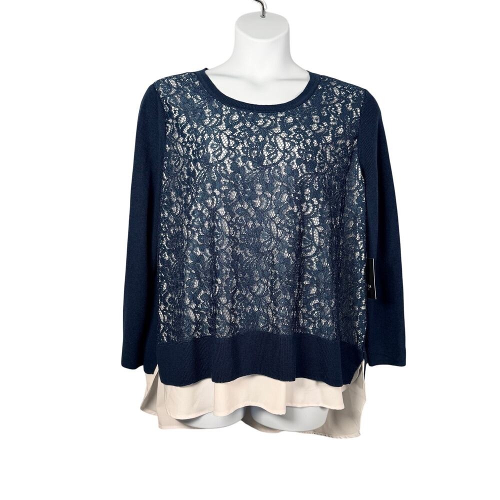 Simply Vera Wang Sweater Top Plus 1x Navy White Lace Chiffon Trim Twofer Tunic